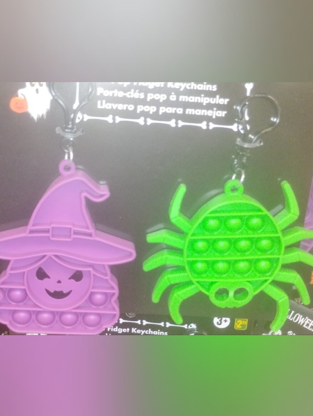 Kids Halloween Pop-it Fidget Keychain Set - Purple Witch & Green Spider